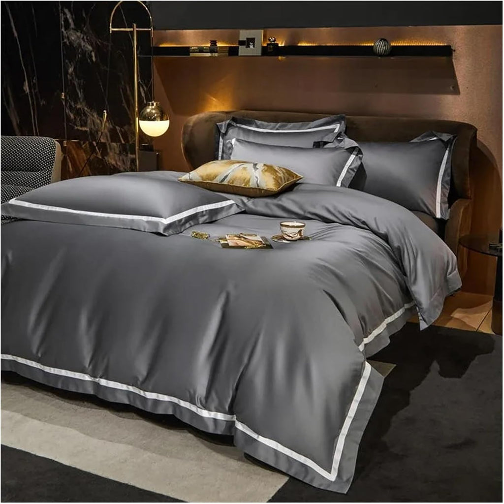 Gray Smooth Soft Rich Color 1000TC Long Staple Cotton Simple Chic Wide Edge 4Pcs Bedding Set Duvet Cover Bed Sheet Pillowcases,Bedding