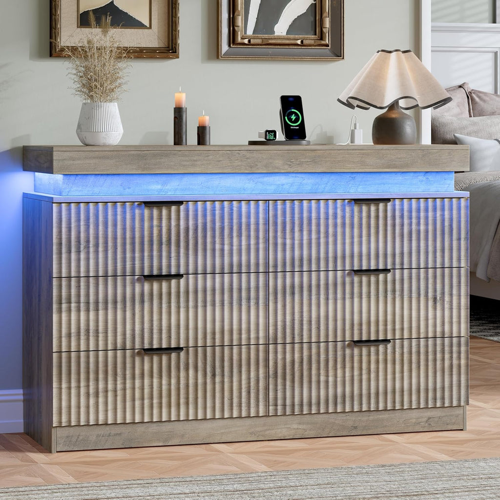 Dresser for Bedroom with RGB LED Lights and Charging Station, 6 Drawers Wooden Chest of Drawers, 47.2" Wide Fluted TV Stand, Closet Clothes Storage Organizer for Living Room, Hallway, Grey