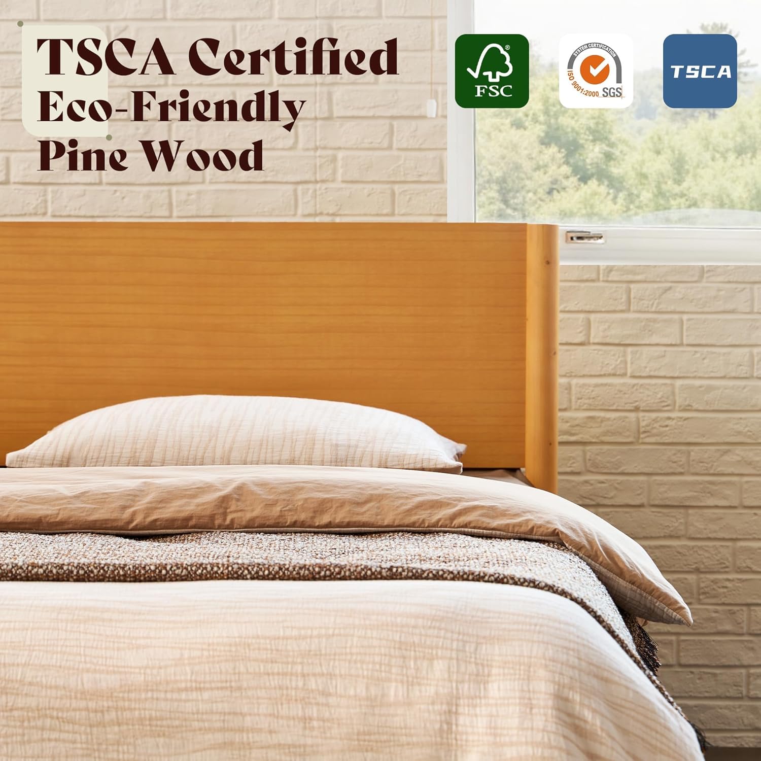 AMERLIFE Queen Solid Wood Bed Frame, Mid Century Modern Platform Bed with Full Panel Headboard, Wooden Bedframe with Cylindrical Legs, No Box Spring Needed & Noise-Free, Natural Wood