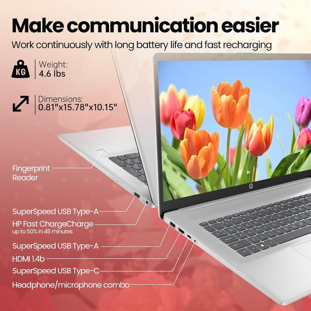 HP 17.3-inch Business Laptop 2026, Intel 10-Core i5-1334U, 12GB RAM, 512GB SSD, 17.3" FHD Anti-Glare Display, Backlit Keyboard, Fingerprint Reader, Wi-Fi 6, Windows 11 Pro, Business & Student Notebook