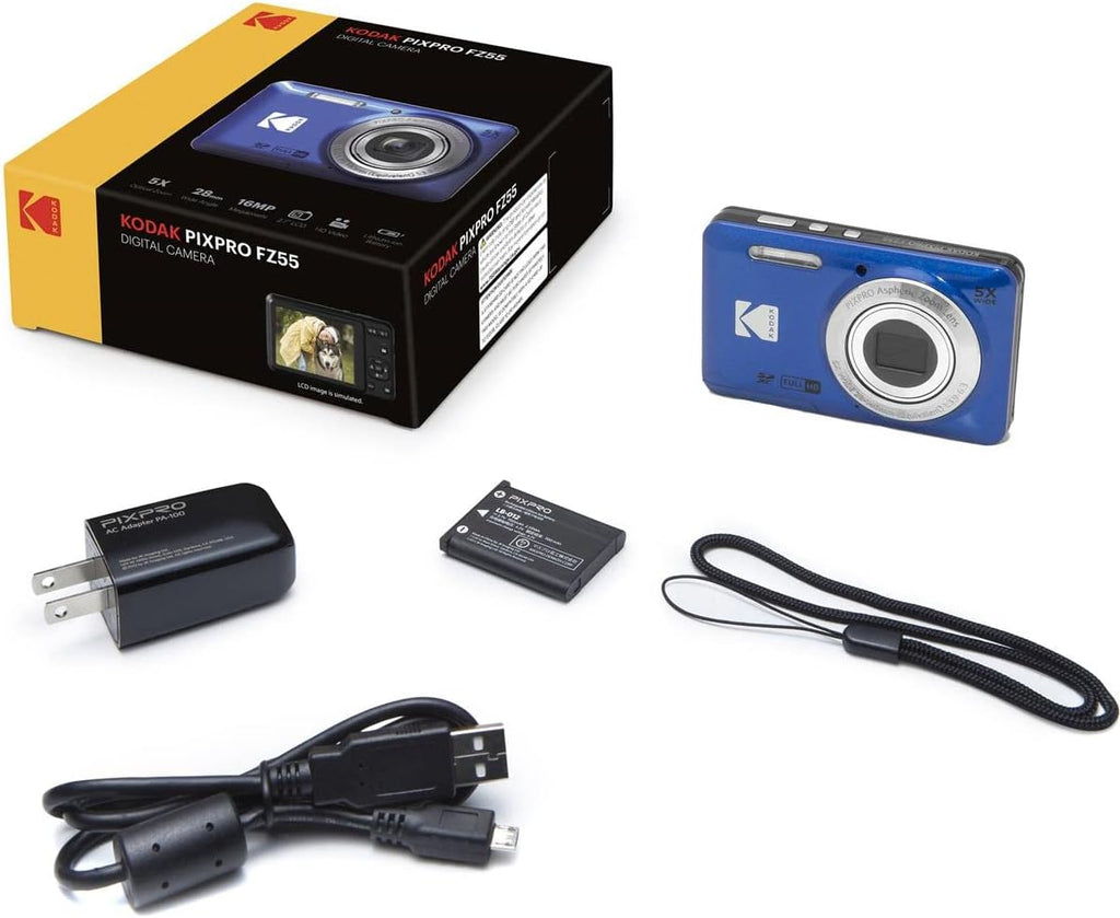 KODAK PIXPRO FZ55-BK 16MP Digital Camera 5X Optical Zoom 28mm Wide Angle 1080P Full HD Video 2.7" LCD Vlogging Camera. Bundle with SD Card and Slinger Camera Bag (Blue)