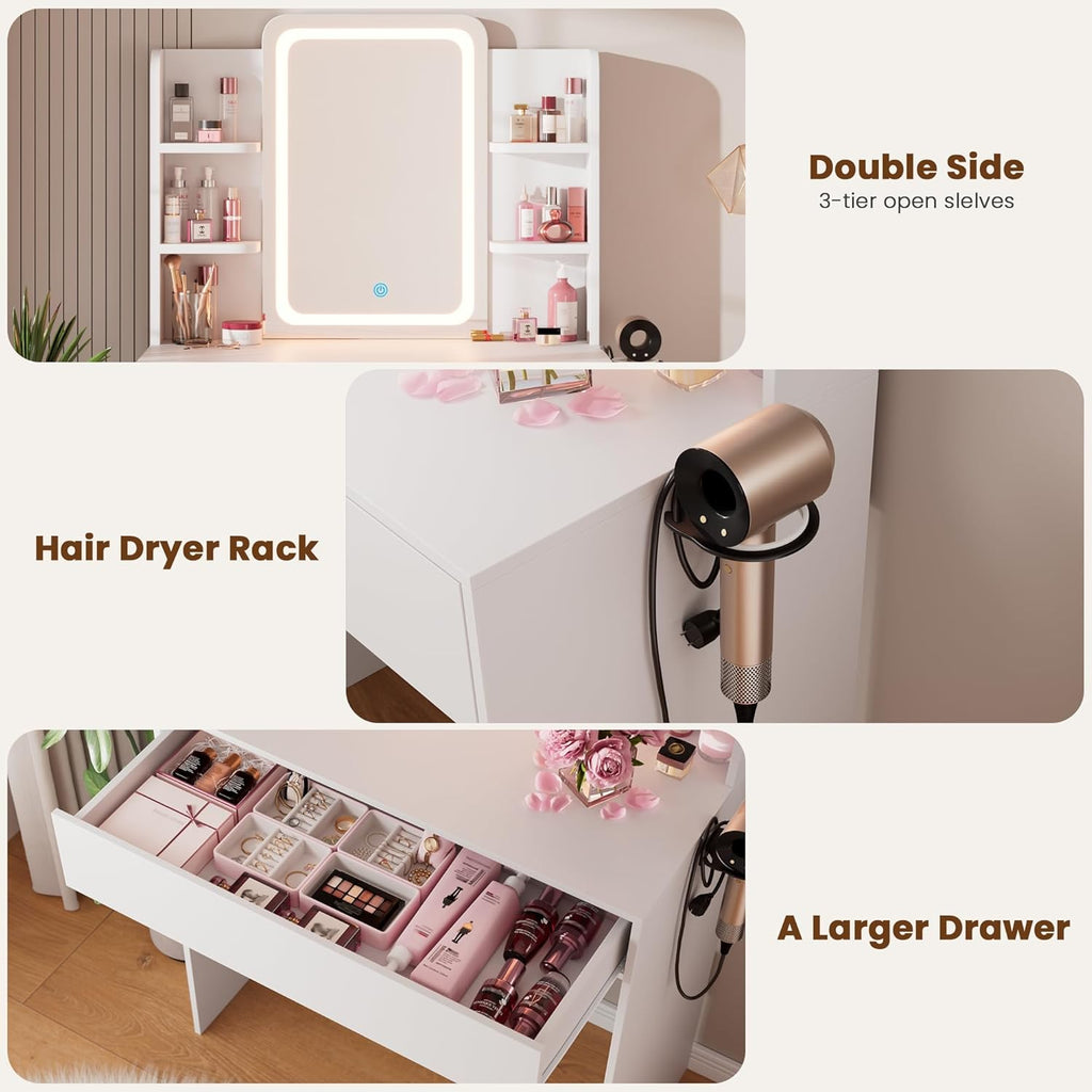 HAIOOU Small Vanity Desk with Mirror and Lights, Makeup Vanity Desk with Storage Drawer, Compact Dressing Table with 3-Tier Open Shelf for Girls Women Bedroom (White)