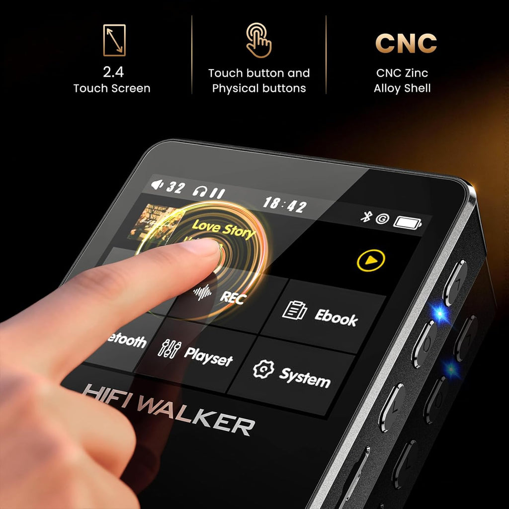HIFI WALKER Hi-Res MP3 Player with Bluetooth, H2 Touch 2.4" HD Touchscreen, DSD/FLAC Lossless Audio Player, 128GB SD Card Included, Supports up to 512GB