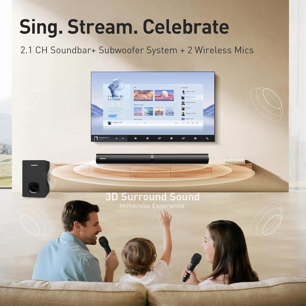 Soundbar with Subwoofer for TV, Home Theater Bluetooth 5.3 Speaker System with 2 Wireless Karaoke Mics, Surround Sound Audio with HDMI ARC, Optical, AUX, USB for Movie, Music, Family Party(Peak 280W)