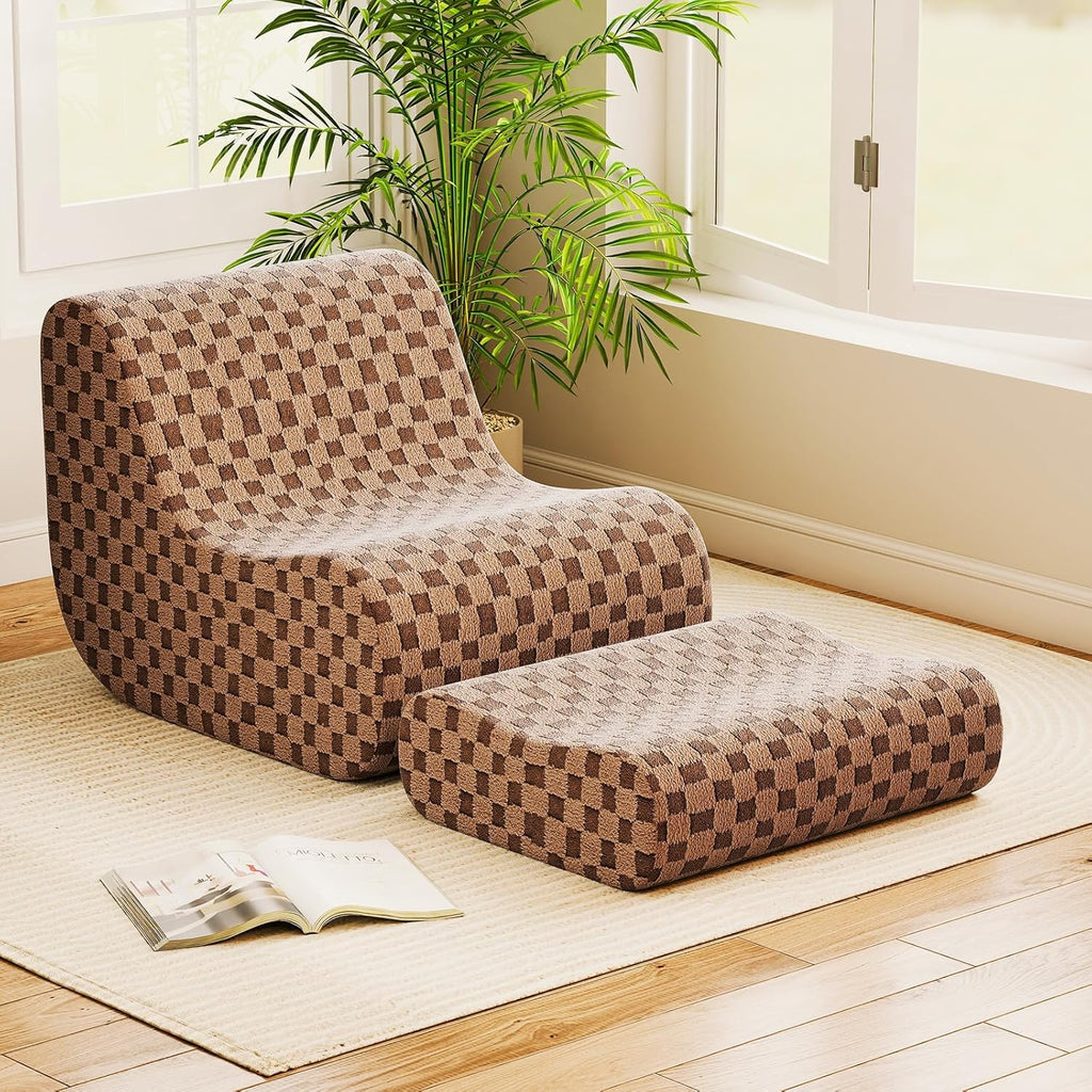 Giantex Bean Bag Chair with Ottoman, Comfy Lazy Sofa Chair with One-Piece Foam Filling, Washable Teddy Fleece Cover, Non-Slip Bottom, Floor Beanbag Sofa Bed with Footstool for for Living Room (Brown)