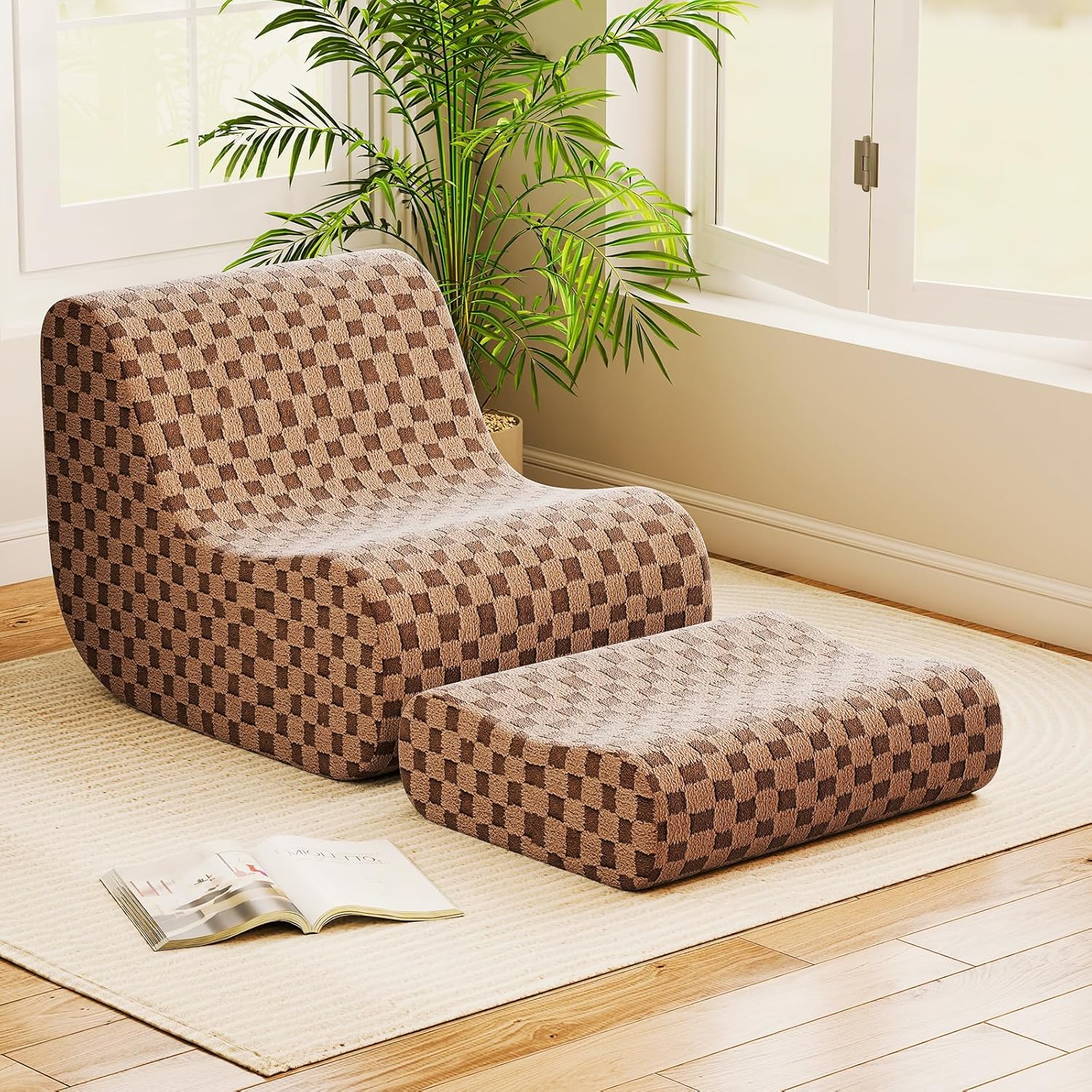 Giantex Bean Bag Chair with Ottoman, Comfy Lazy Sofa Chair with One-Piece Foam Filling, Washable Teddy Fleece Cover, Non-Slip Bottom, Floor Beanbag Sofa Bed with Footstool for for Living Room (Brown)