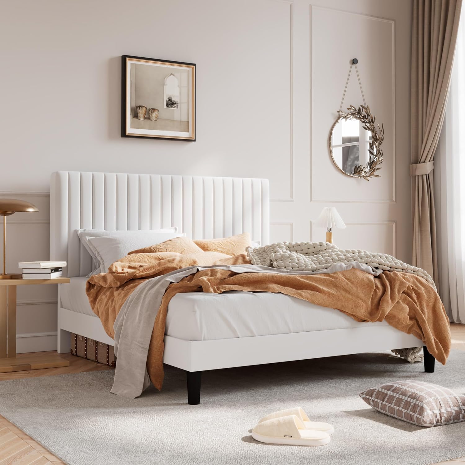 SHA CERLIN Queen Upholstered Platform Bed Frame with Vertical Channel Tufted Velvet Fabric Adjustable Headboard, Wooden Slats Support, Mattress Foundation, Box Spring Optional, White