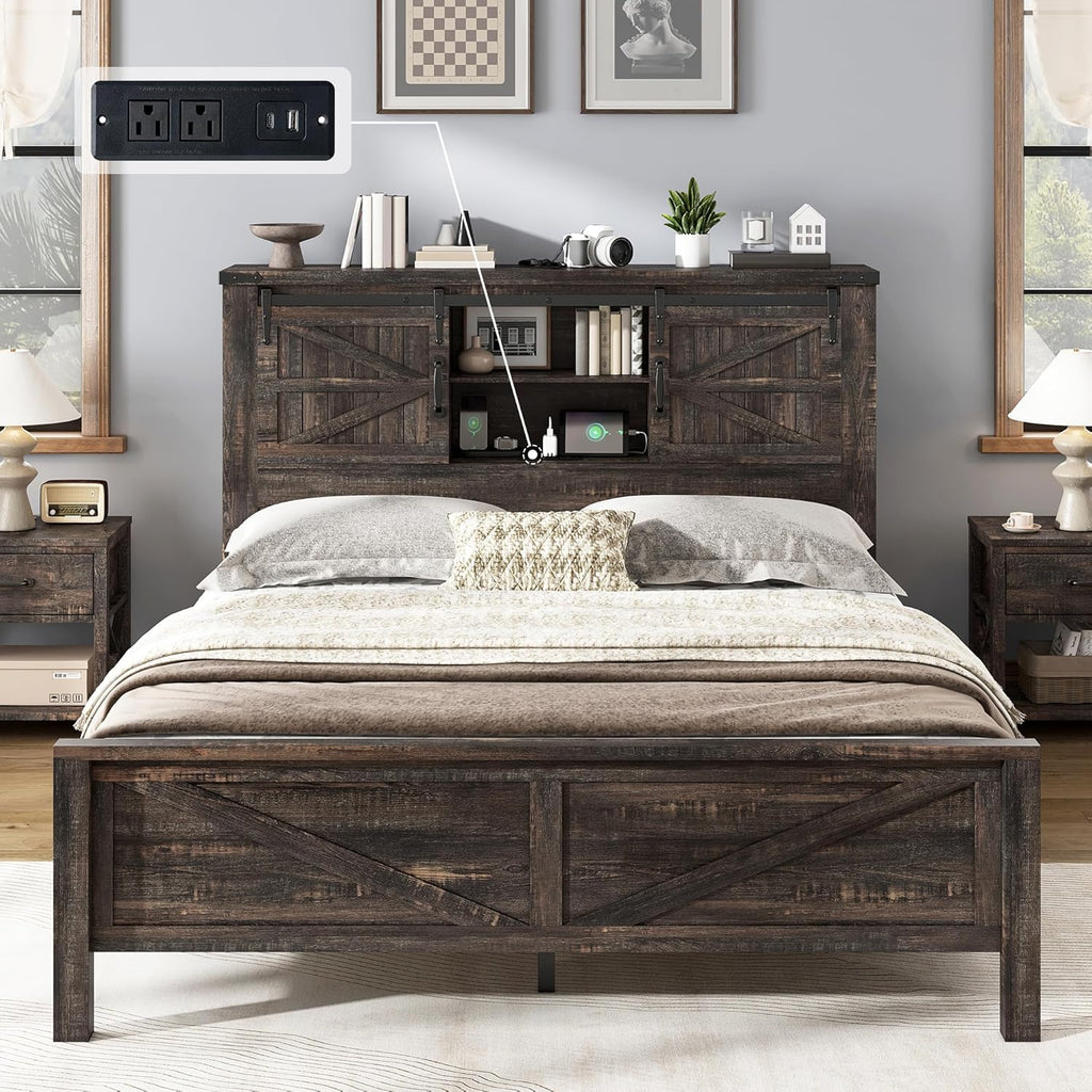 AMERLIFE Farmhouse Queen Bed Frame with Storage Headboard & Charging Station, Rustic Wood Platform Bed with Barn Door Bookcase, No Box Spring Needed, Dark Oak Bedroom Furniture