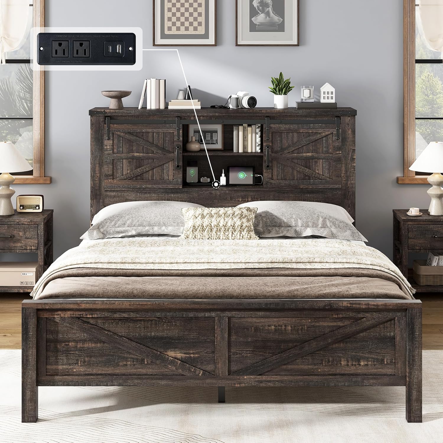AMERLIFE Farmhouse Queen Bed Frame with Storage Headboard & Charging Station, Rustic Wood Platform Bed with Barn Door Bookcase, No Box Spring Needed, Dark Oak Bedroom Furniture