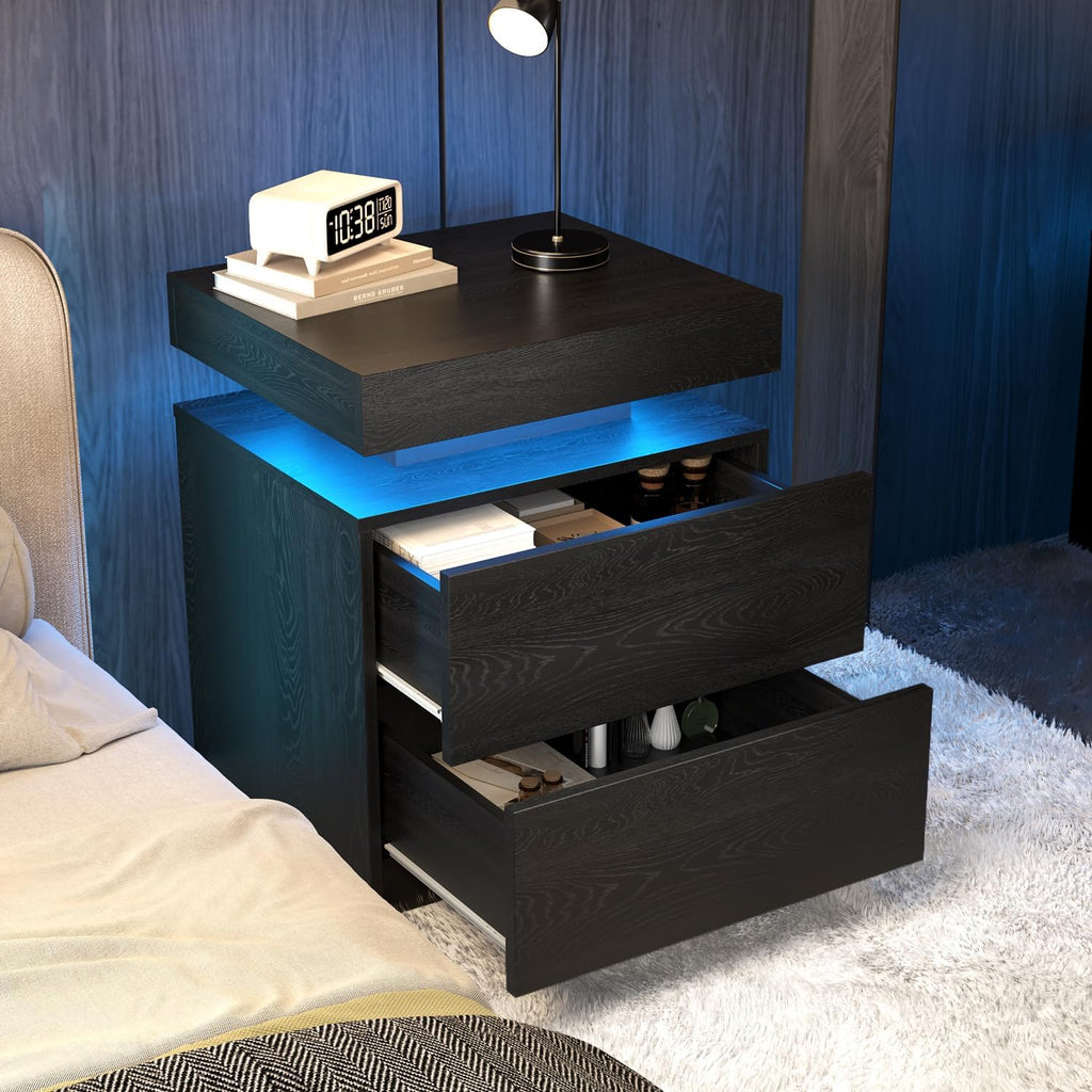 LED Nightstands Set of 2, Modern Black Night Stand End Tables with APP & Remote Control LED Lighting, 2 Drawers, Open Shelf Storage, Bedside Tables for Bedroom and Living Room