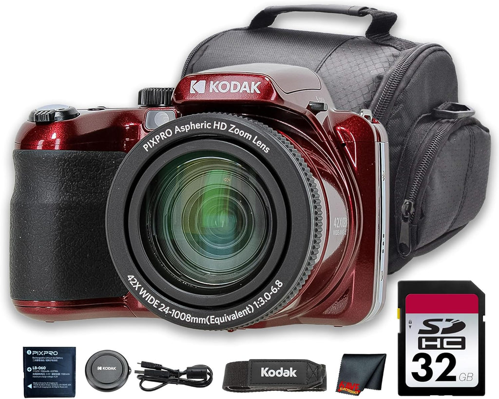 Kodak PIXPRO AZ425 Digital Camera (Red) | 20MP Sensor, 42x Optical Zoom, 24mm Wide-Angle Lens & Optical Image Stabilization | Great for Travel & Everyday Photos (AZ425RD) + 32GB Card + Bag + Cloth