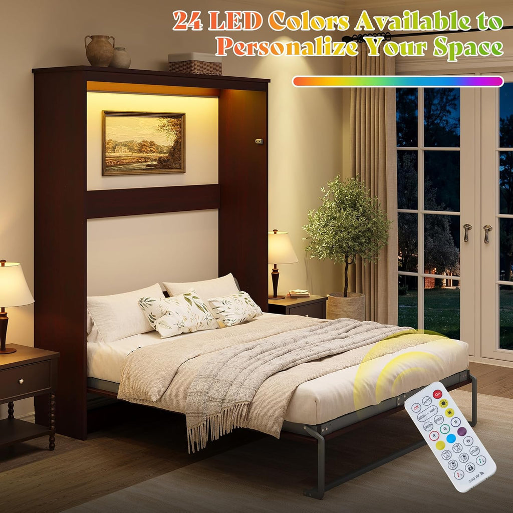AMERLIFE Queen Size Murphy Bed with LED Light, Farmhouse Foldable Wall Bed with Charging Station & Gas Struts, Space-Saving Hidden Bedframe for Guest Room, Bedroom & Home Office, Brown