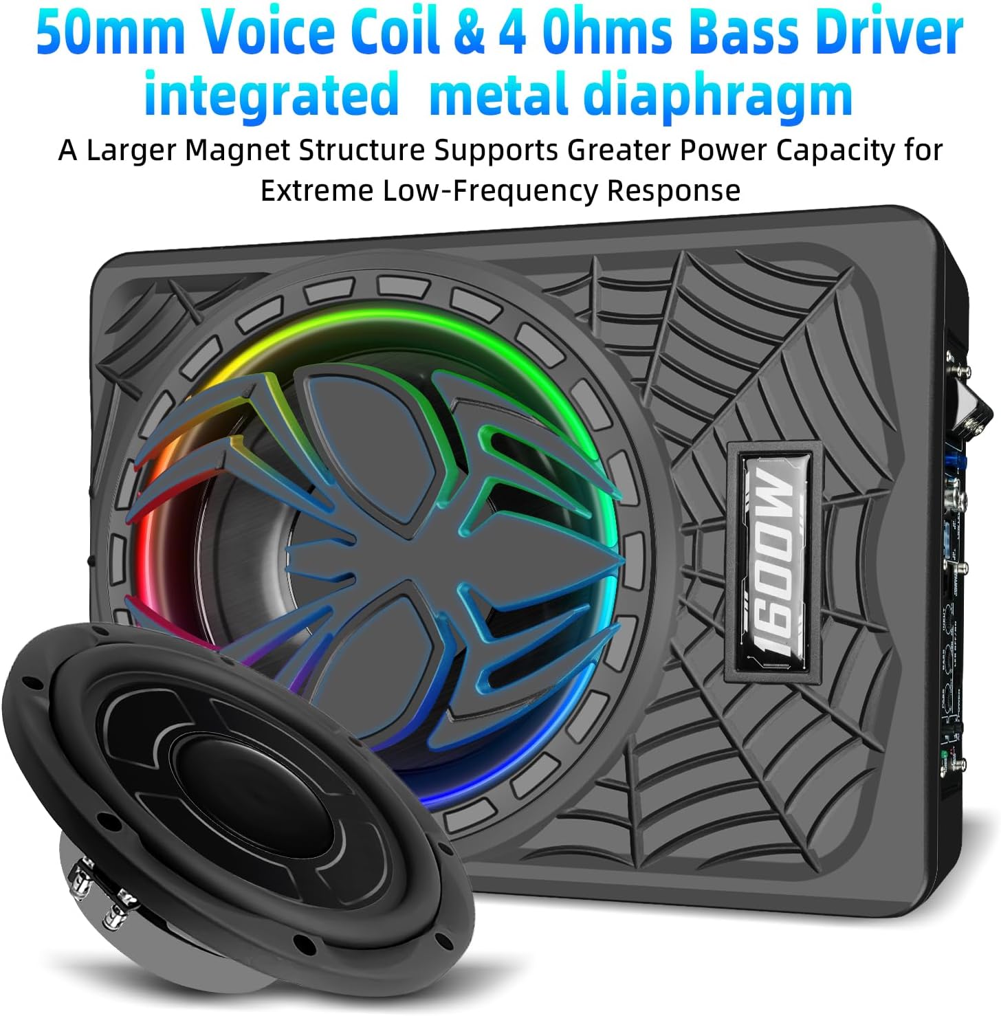 1600W 10" Ultra-Thin Under-Seat Car Subwoofer with Built-in D-Class Amplifier, LED Ambient Lights, Independent Bass Knob, LPF/Gain/Bass Boost, Distortion-Free Deep Bass for Most Vehicles