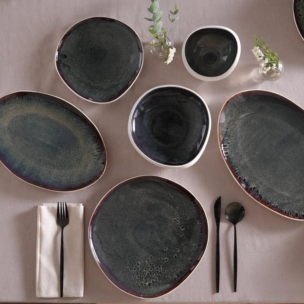 Karaca Earth Collection Galactic 55 Piece Dinner Set for 12 People – Reactive Glaze Stoneware Dinnerware Set, Modern White Tableware, Durable Plates & Bowls Set