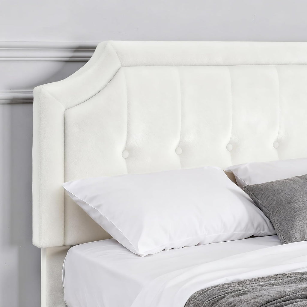 VECELO Queen Size Bed Frame with Velvet Upholstered Headboard, Platform Bedframe Mattress Foundation, Sturdy Wooden Slats Support,No Box Spring Needed Noise Free/Easy Assembly, Off White