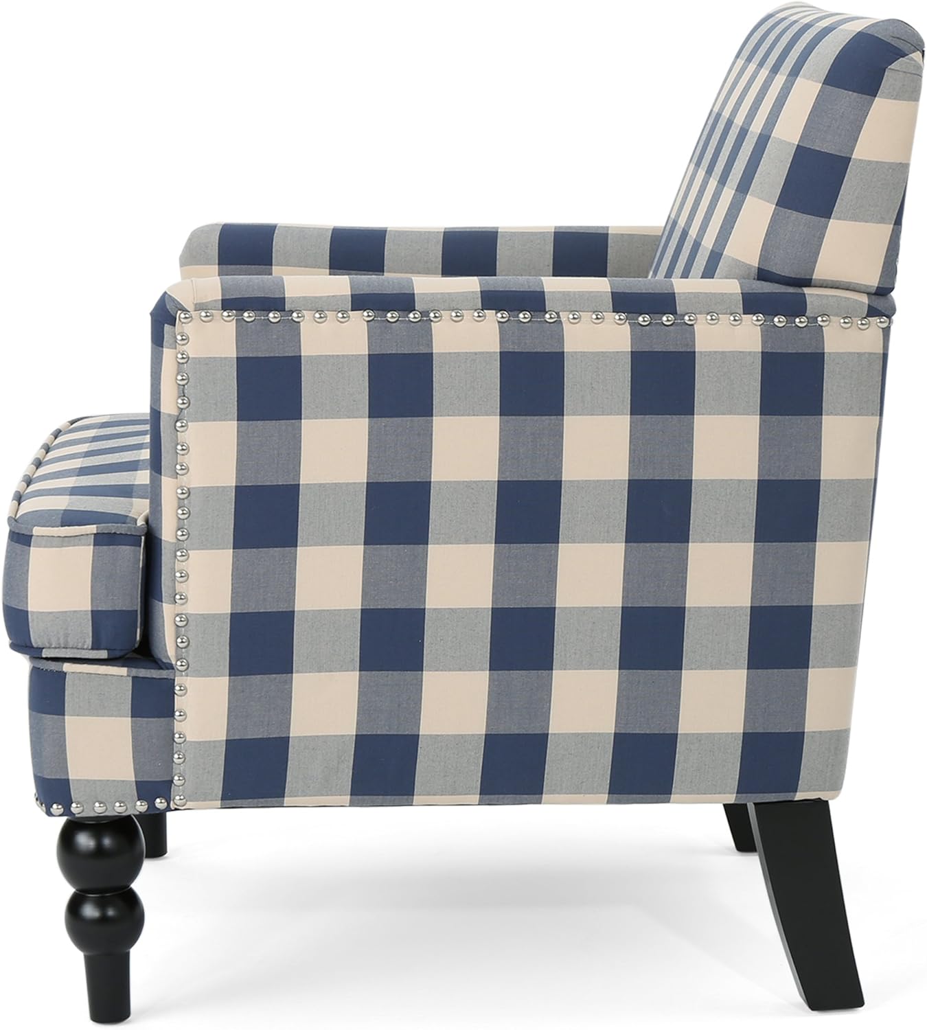Christopher Knight Home Evete Tufted Fabric Club Chair, Blue Checkerboard, Dark Brown, 32D x 28.75W x 34.5H in