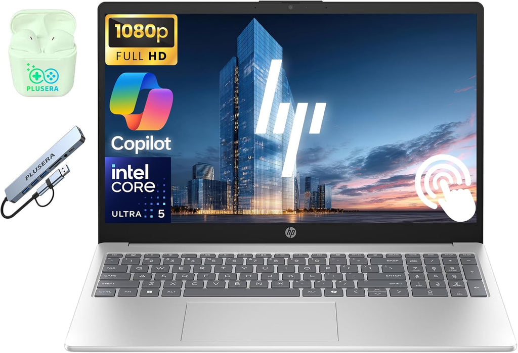 HP Laptop, 15.6" FHD Touchscreen Laptop Computer, Intel Core Ultra 5 125H 14-Core Processor, 24GB RAM 1.5TB Storage (1TB SSD+512GB External), Windows 11 with AI Copilot, PLUSERA Earphones, Silver