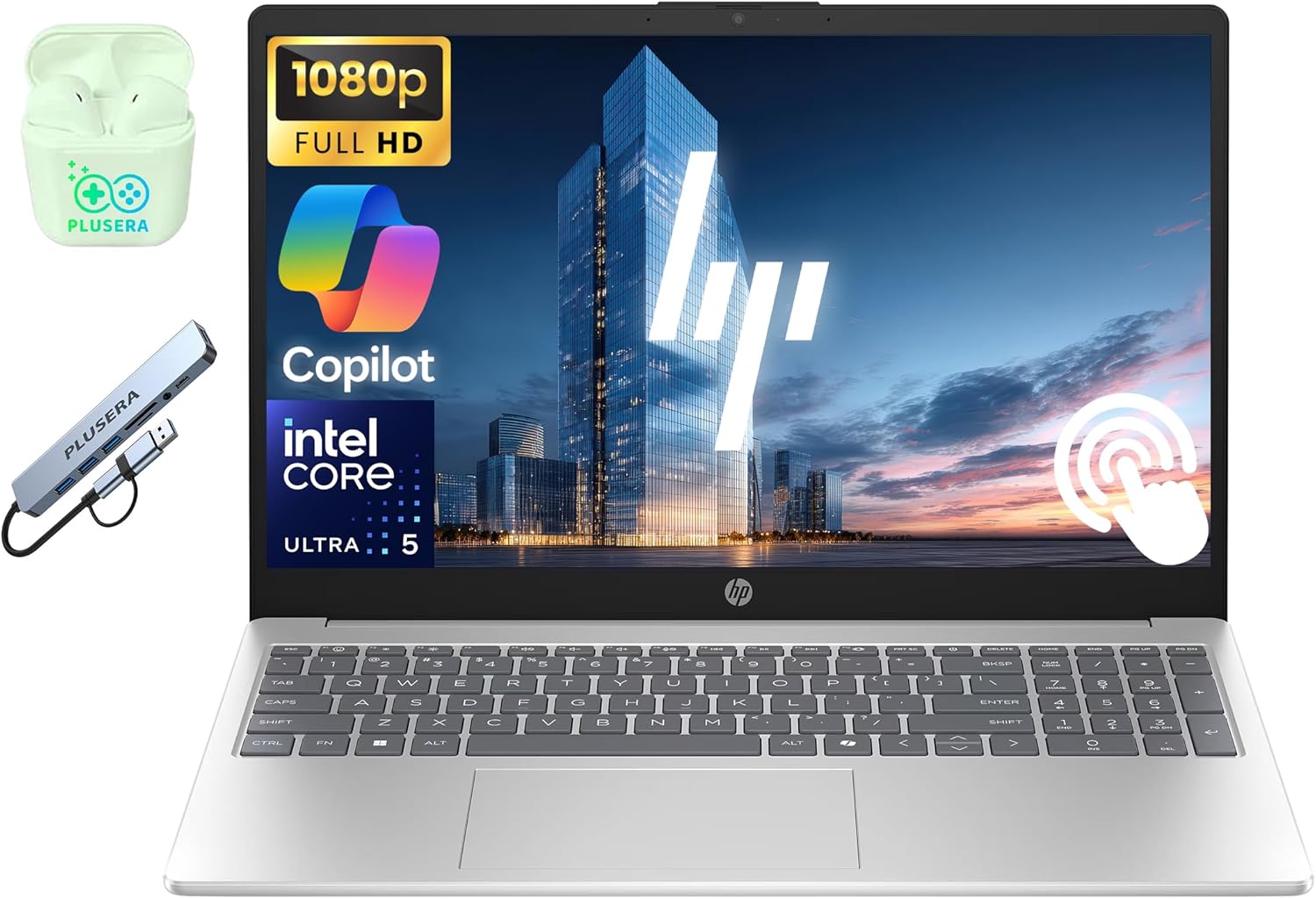 HP Laptop, 15.6" FHD Touchscreen Laptop Computer, Intel Core Ultra 5 125H 14-Core Processor, 24GB RAM 1.5TB Storage (1TB SSD+512GB External), Windows 11 with AI Copilot, PLUSERA Earphones, Silver