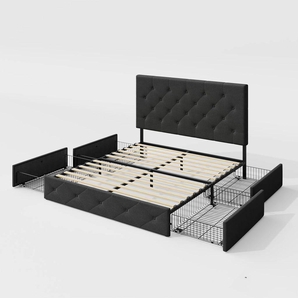 Allewie Upholstered Queen Size Platform Bed Frame with 4 Storage Drawers and Headboard, Diamond Stitched Button Tufted, Mattress Foundation with Wooden Slats Support, No Box Spring Needed, Dark Grey