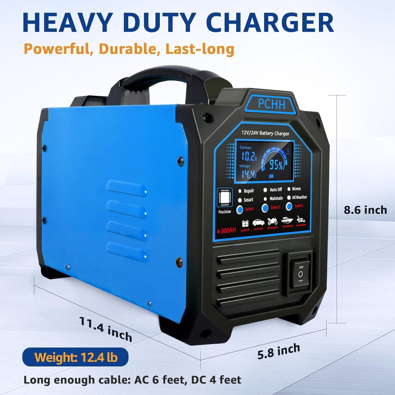 PCHH 12V 24V Car Battery Charger Heavy Duty, 0-15A Automatic Battery Maintainer, Smart Trickle Charger with Auto Shutoffs, Repair, Winter Mode, for Automotive Car Truck Motorcycle Lawn Mower Boat AGM