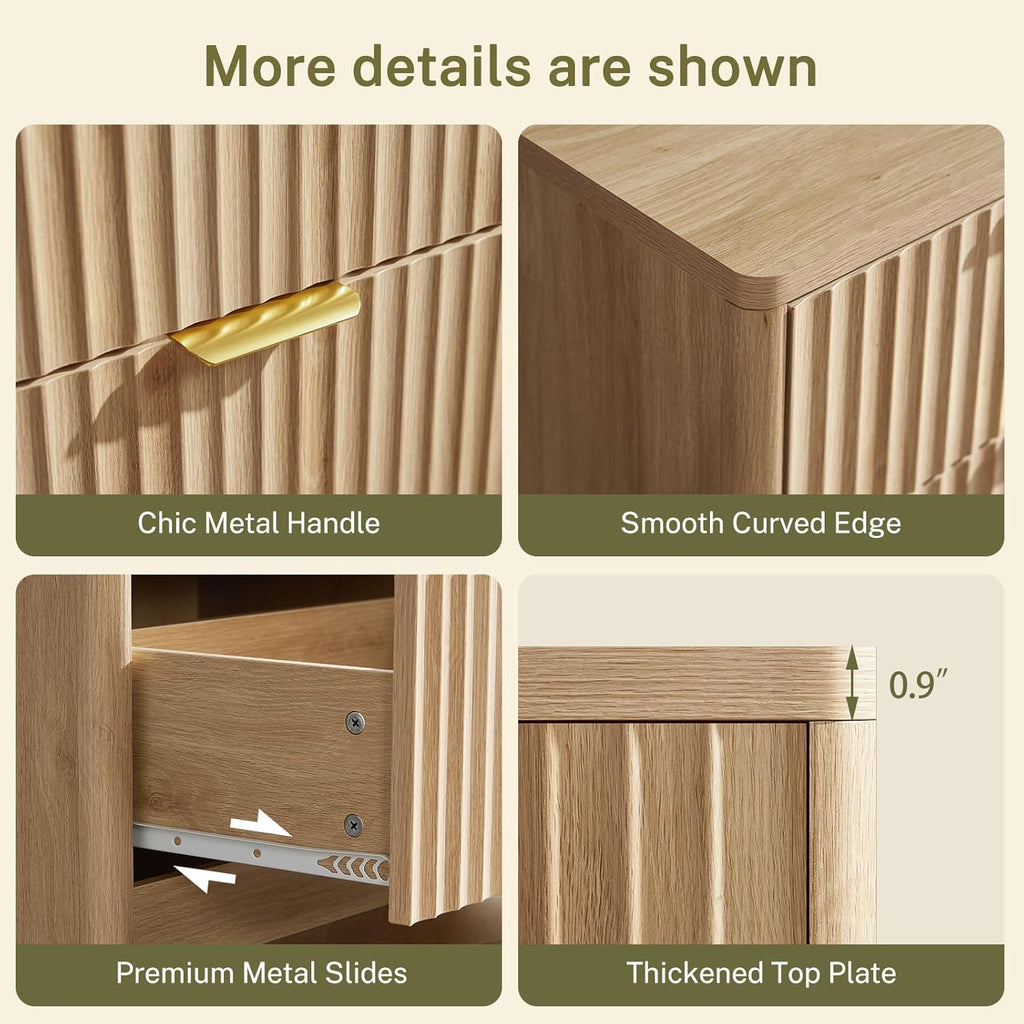 TEENFON Fluted 6 Drawer Dresser for Bedroom, Wide Modern Chest of Drawers with Metal Handle, Curved Profile Design, Wood Closet Clothes Storage Organizer for Bedroom, Hallway, Natural