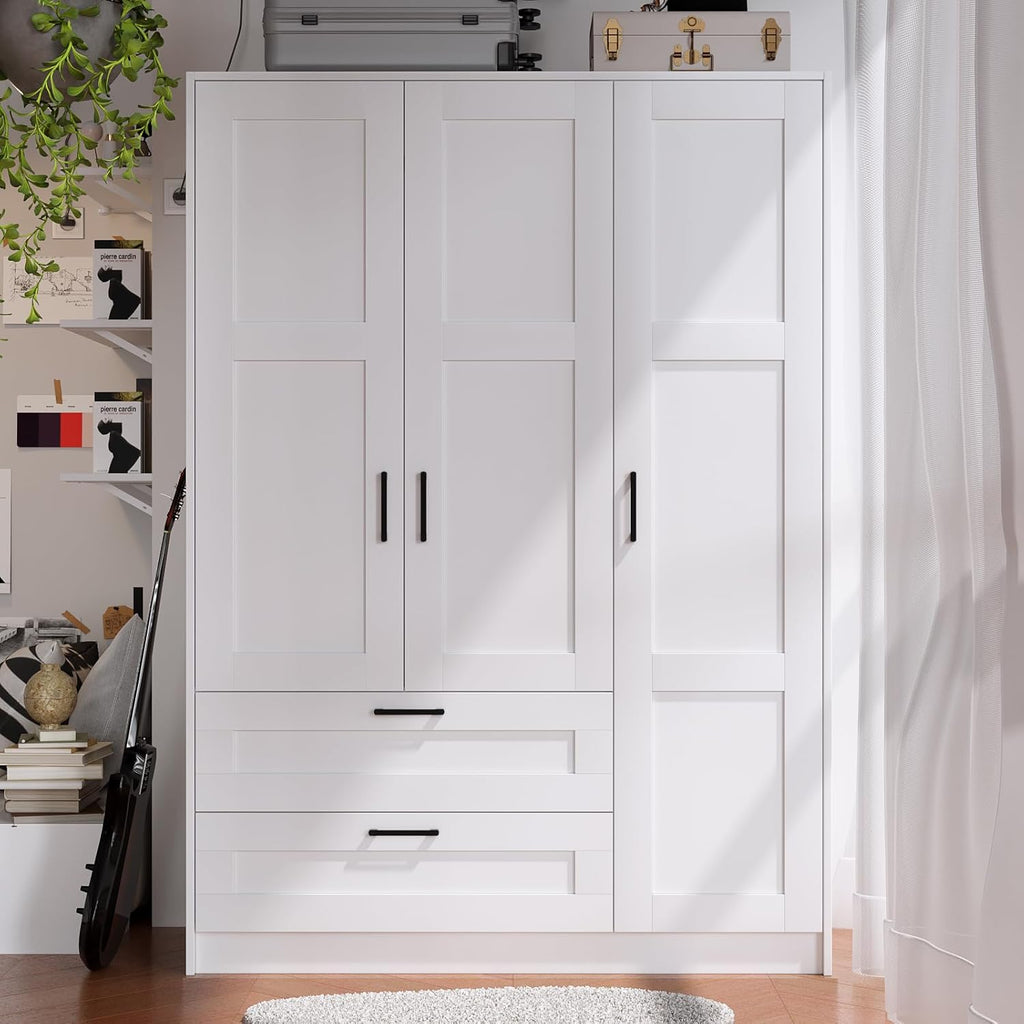 Fenghua Lizhi 3 Doors Wooden Wardrobe Closet Armoire, White Storage Cabinet for Hanging Clothes, Bedroom Large Capacity Freestanding Armoire,Wood Wardrobe Combination with Shelves (2drawer, White)