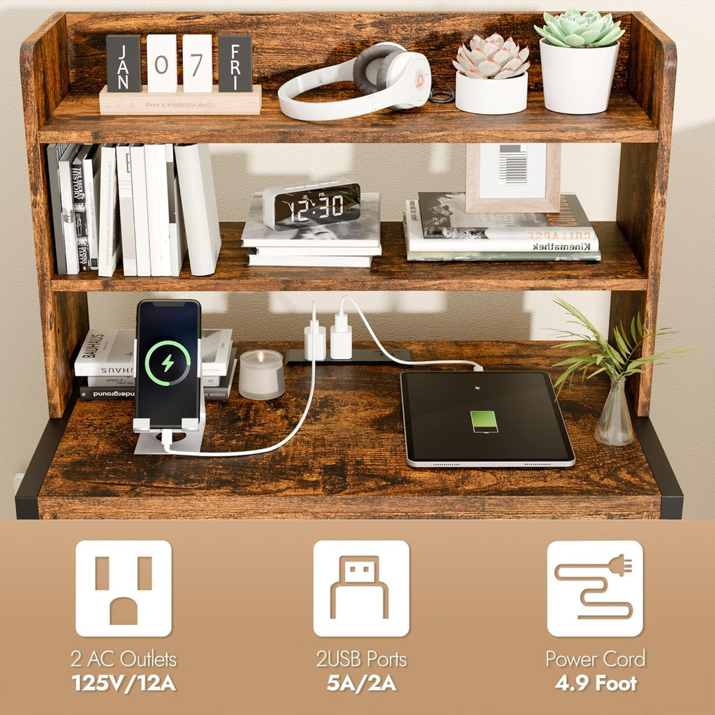 24 Inch Wide Night Stand, Large Wooden Night Stand with 2 Adjustable Drawes, Tall Nightstand with 4-Tier Shelves and Charging Station, Bedside Table for Living Room/Bedroom/Office, Retro.