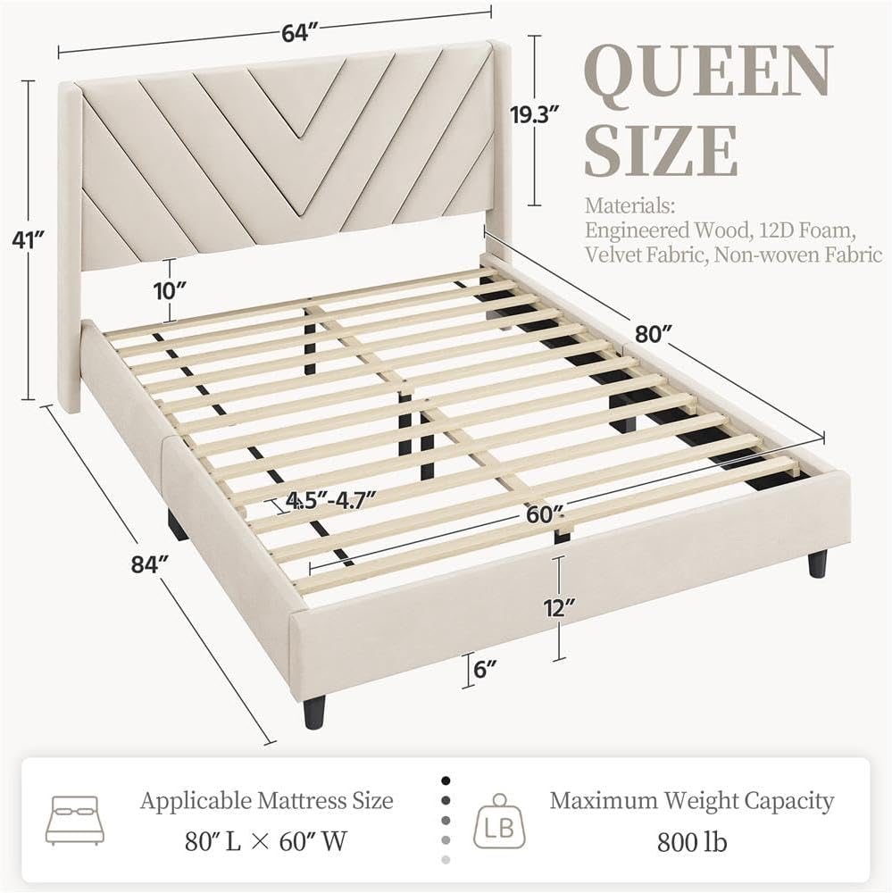 Yaheetech Queen Bed Frame Upholstered Platform Bed/Wooden Slat Support/Tufted Headboard with Wing Side/Mattress Foundation/No Box Spring Needed,Beige Queen
