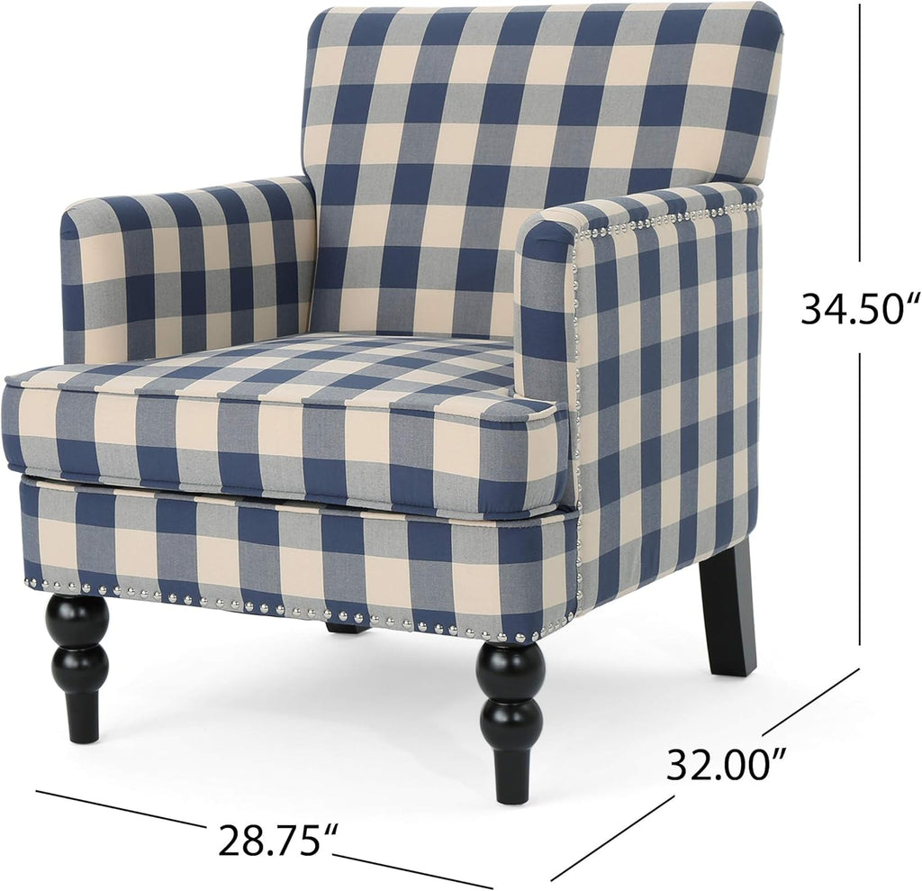 Christopher Knight Home Evete Tufted Fabric Club Chair, Blue Checkerboard, Dark Brown, 32D x 28.75W x 34.5H in