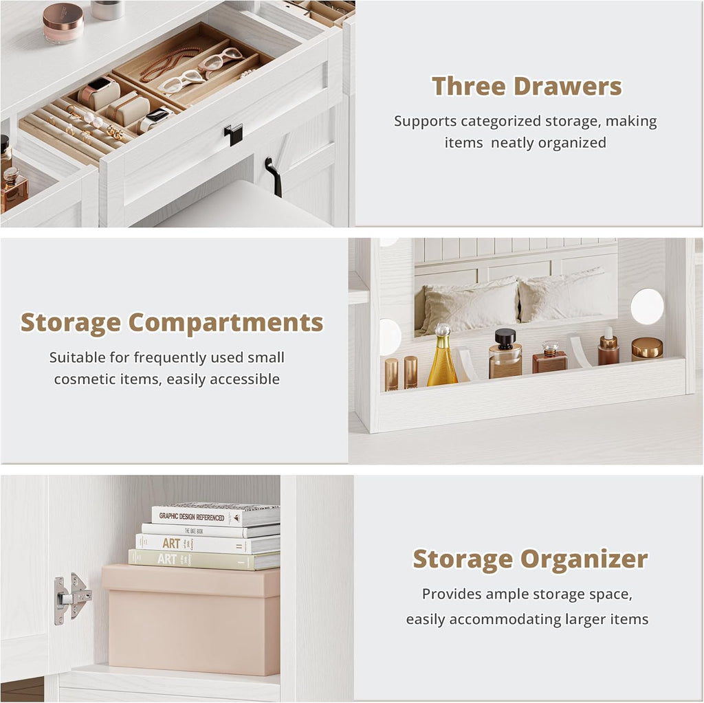 IRONCK White Vanity Desk with Mirror & Lights, Farmhouse Makeup Vanity Table with Adjustable 3 LED Modes, Charging Station, 3 Drawers & Storage Shelves, Stool Included