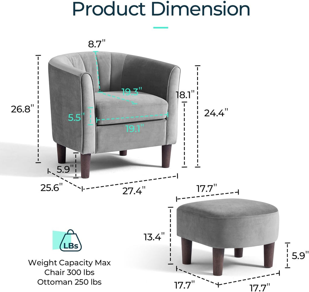 LINSY Accent Chair Set of 2, Velvet Barrel Chair with Ottoman, Modern Comfy Small Armchair for Small Spaces Reading Room Living Room Bedroom Kids Room Office, Grey