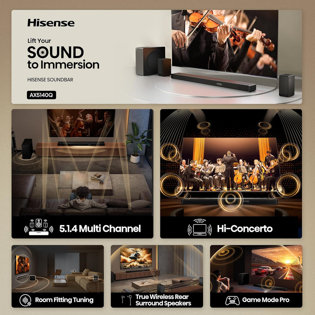 Hisense AX5140Q 5.1.4Ch Sound Bar with Wireless Subwoofer, Dolby Atmos, DTS:X, Bluetooth 5.3, Roku TV Ready, HDMI/AUX/ARC/Optical/USB, EzPlay, 7 EQ Modes, Hi Concerto, Room Calibration