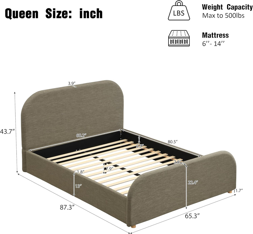 Merax Queen Size Bed Frame, Upholstered Linen Platform Bed with 43.7" Tall Headboard & Footboard, Solid Wood Base, Soft Curved Edges Design Queen Bedframe, No Box Spring Needed, Easy Assembly, Green
