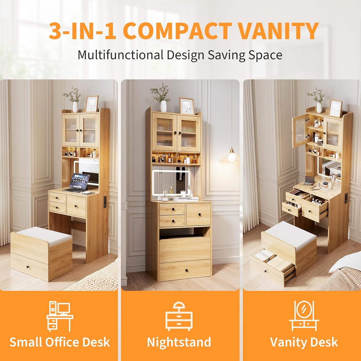 3-in-1 Make Up Vanity Desk with Mirror & Lights, Compact Vanity Table with Drawers, Storage Compartment and Rolling Stool, Modern Small Makeup Vanity and Storage Chair for Bedroom, Powder Room