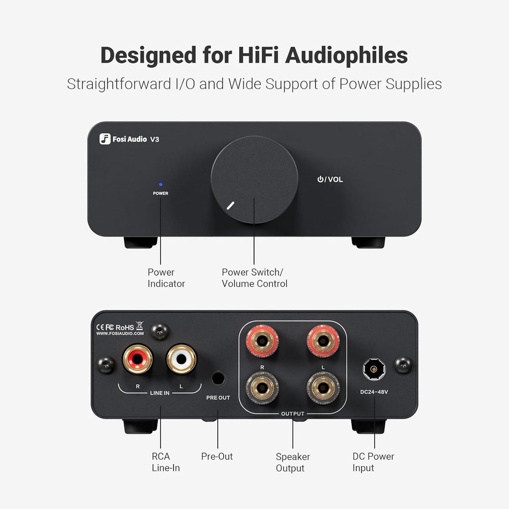 Fosi Audio V3 Stereo Amplifier Home Audio 300 Watts x2 Power TPA3255 Class D Mini Speaker Amp 2 Channel Audio Component for Passive Bookshelf Tower Speakers Desktop Home Theater with 48V Power Supply