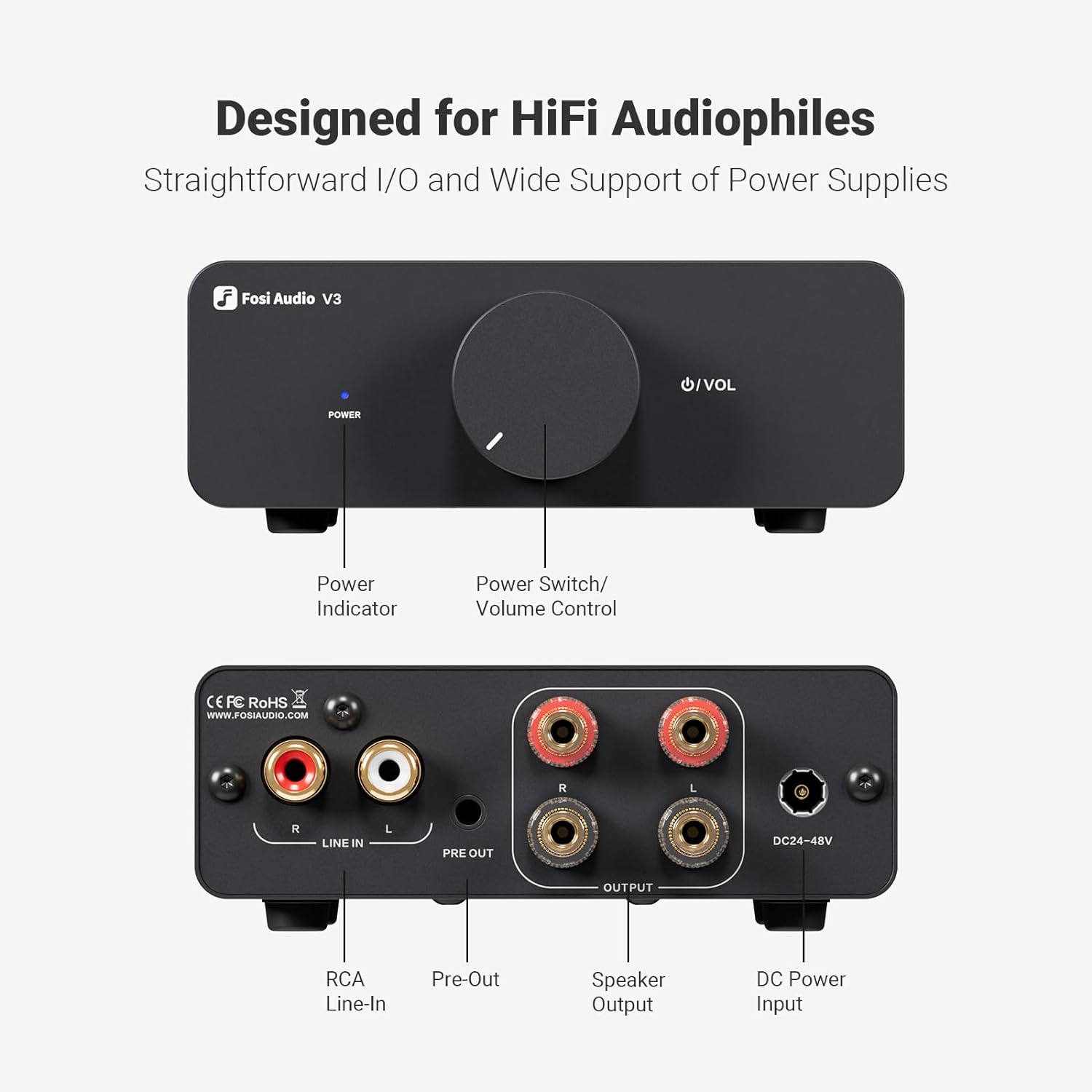 Fosi Audio V3 Stereo Amplifier Home Audio 300 Watts x2 Power TPA3255 Class D Mini Speaker Amp 2 Channel Audio Component for Passive Bookshelf Tower Speakers Desktop Home Theater with 48V Power Supply