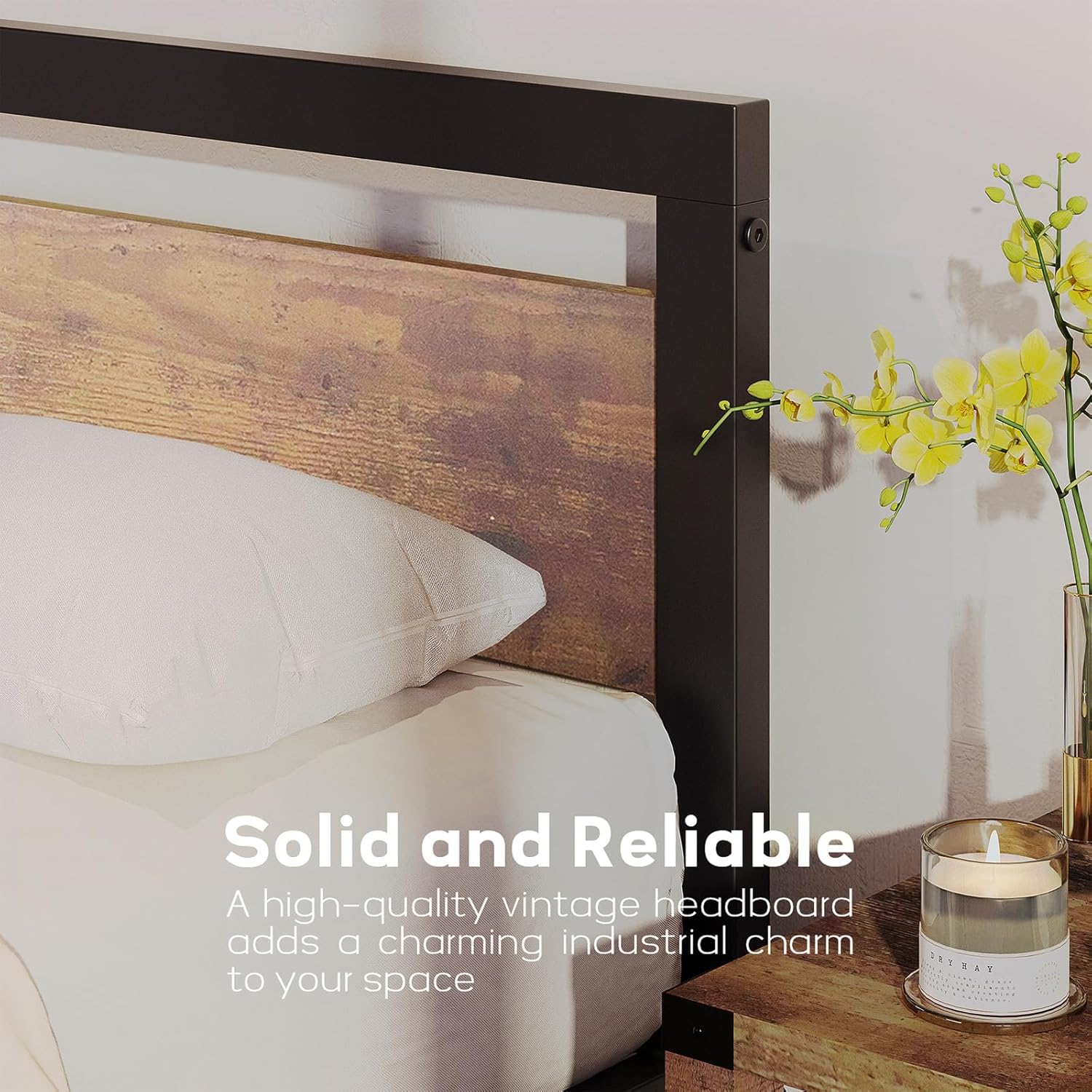 IDEALHOUSE King Size Bed Frame with Wooden Headboard and Footboard, Industrial King Bed Platform No Box Spring Needed, 14 Inch Easy Assemble Mattress Bedframe