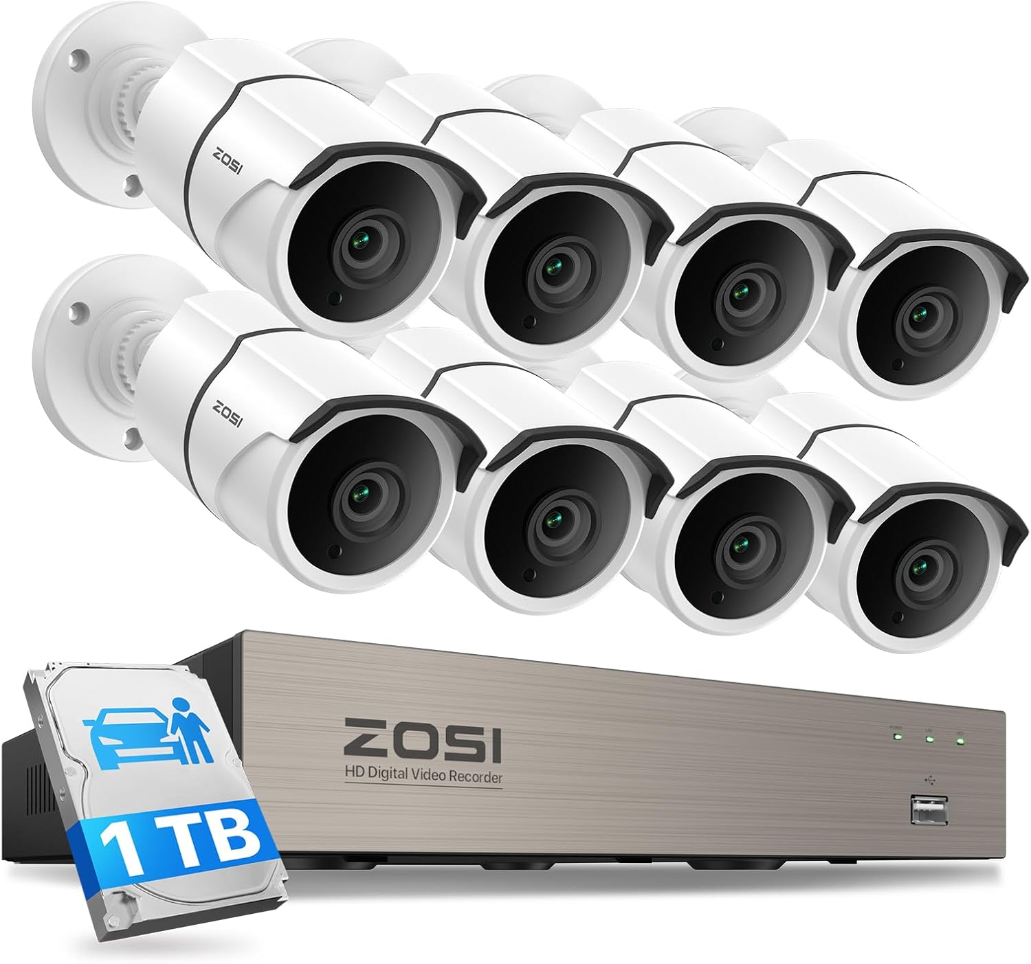 ZOSI 3K Lite Home Security Camera System with Audio, AI Human/Vehicle Detection, Night Vision, 8pcs 1920TVL Outdoor Metal Bullet Cameras, 8CH H.265+ CCTV DVR with 1TB HDD for 24/7 Recording