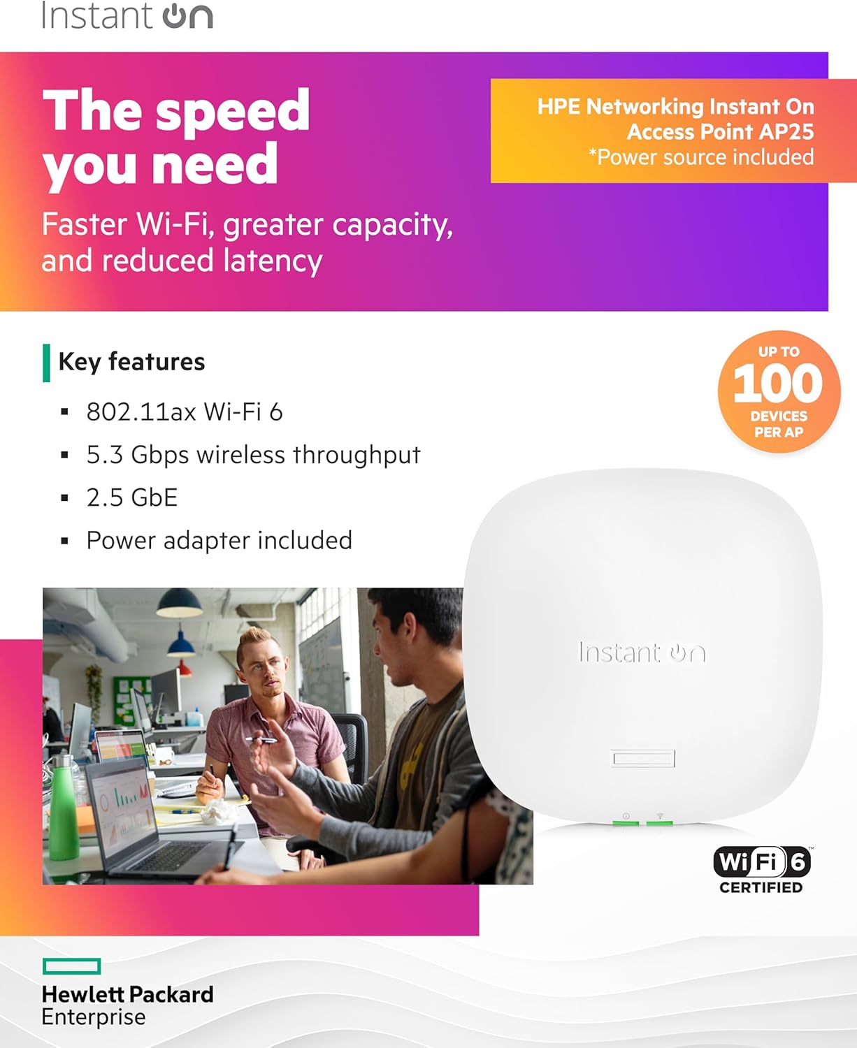 HPE Networking Instant On Access Point AP25 4x4 WiFi 6 Indoor Wireless Access Point | Power Source Included | US Model (R9B32A)