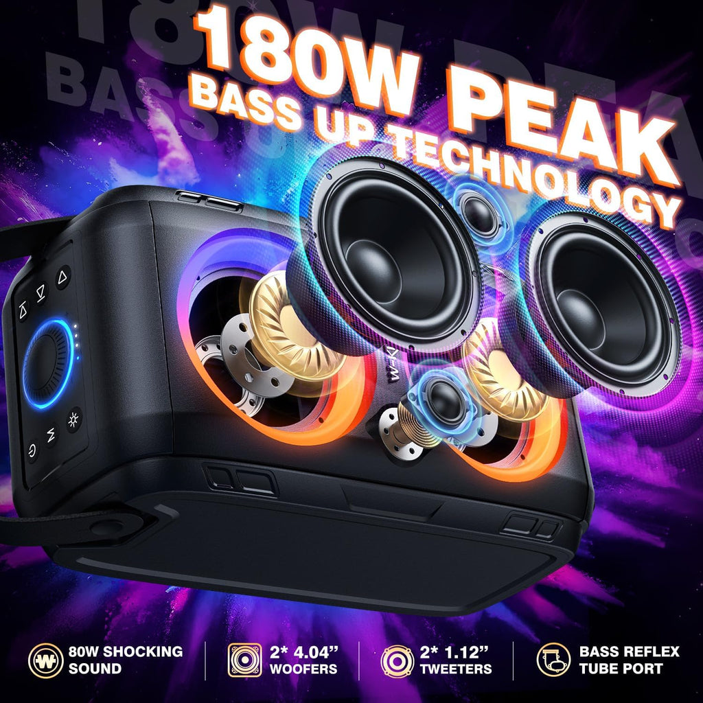 W-KING Party Bluetooth Speaker Boom Box, 180W Max Big Large Loudest Wireless Outdoor Portable Speaker 4 Drivers with 2*4.04'' Subwoofer, 80W HD Huge 105dB Pulse Natur Deep Bass, IPX5/24H/EQ/USB/TF/AUX