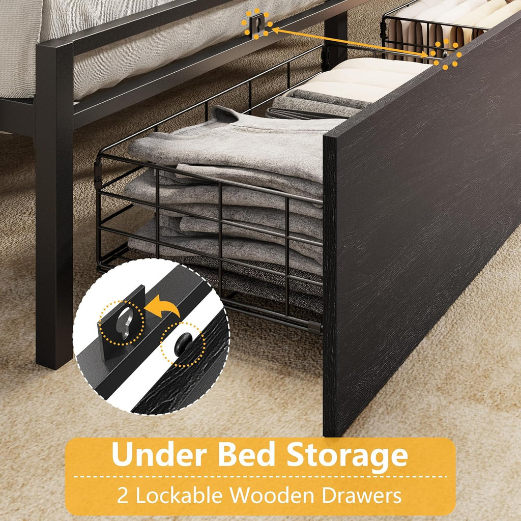 Furnulem Queen Bed Frame with Wood Headboard and Storage Shelf, Metal Platform Bed Frame Queen Size with Storage Drawers, LED Lights and Charging Station, No Box Spring Needed, Noise Free, Black
