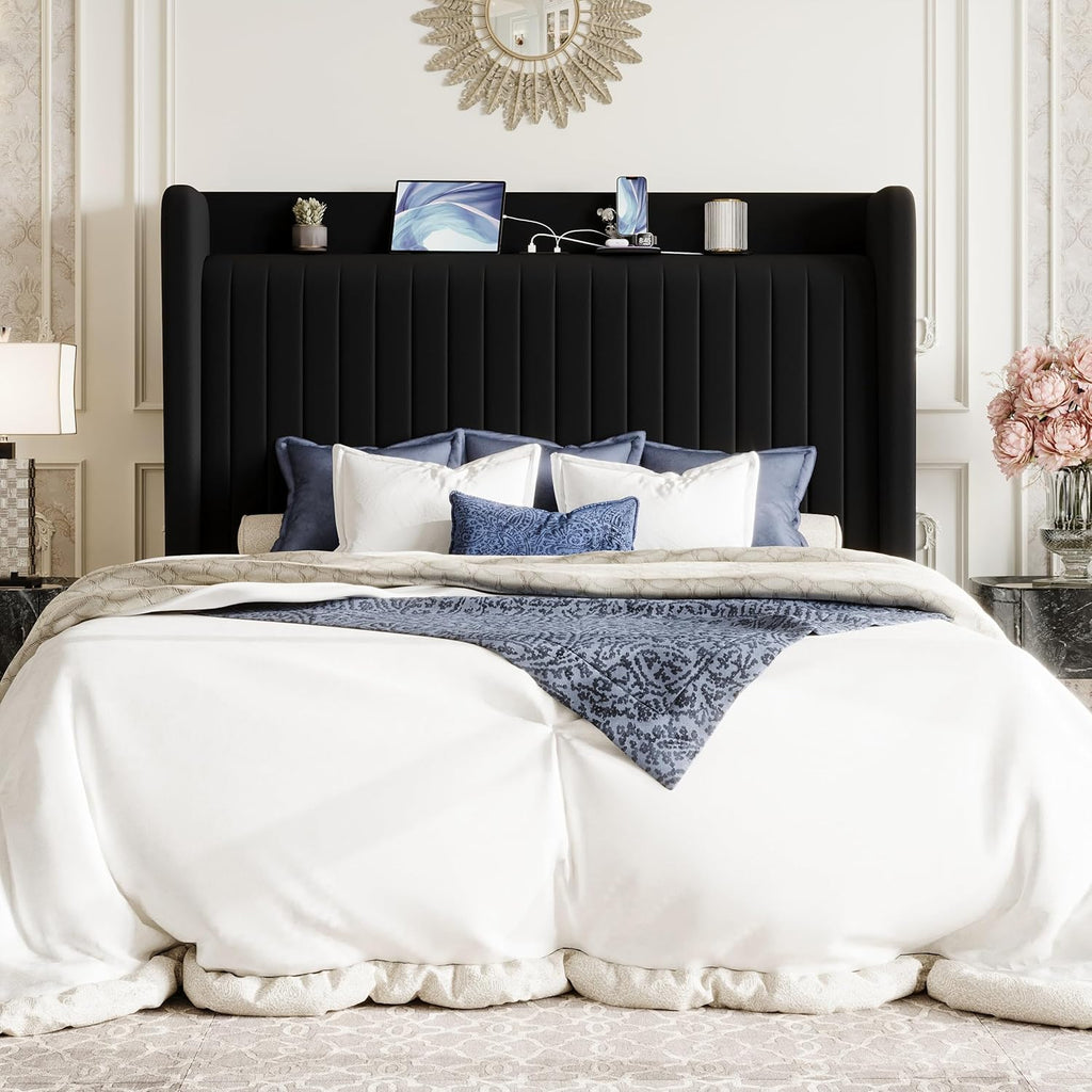 SHA CERLIN Queen Size Velvet Bed Frame with USB Charging Station, Wingback Storage Headboard, Upholstered Platform Bed with Wooden Slats Support, No Box Spring Needed, Easy Assembly, Black