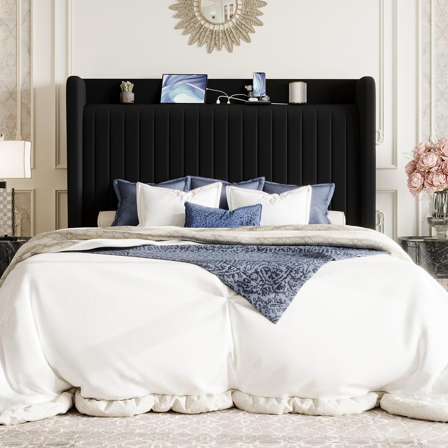 SHA CERLIN Queen Size Velvet Bed Frame with USB Charging Station, Wingback Storage Headboard, Upholstered Platform Bed with Wooden Slats Support, No Box Spring Needed, Easy Assembly, Black