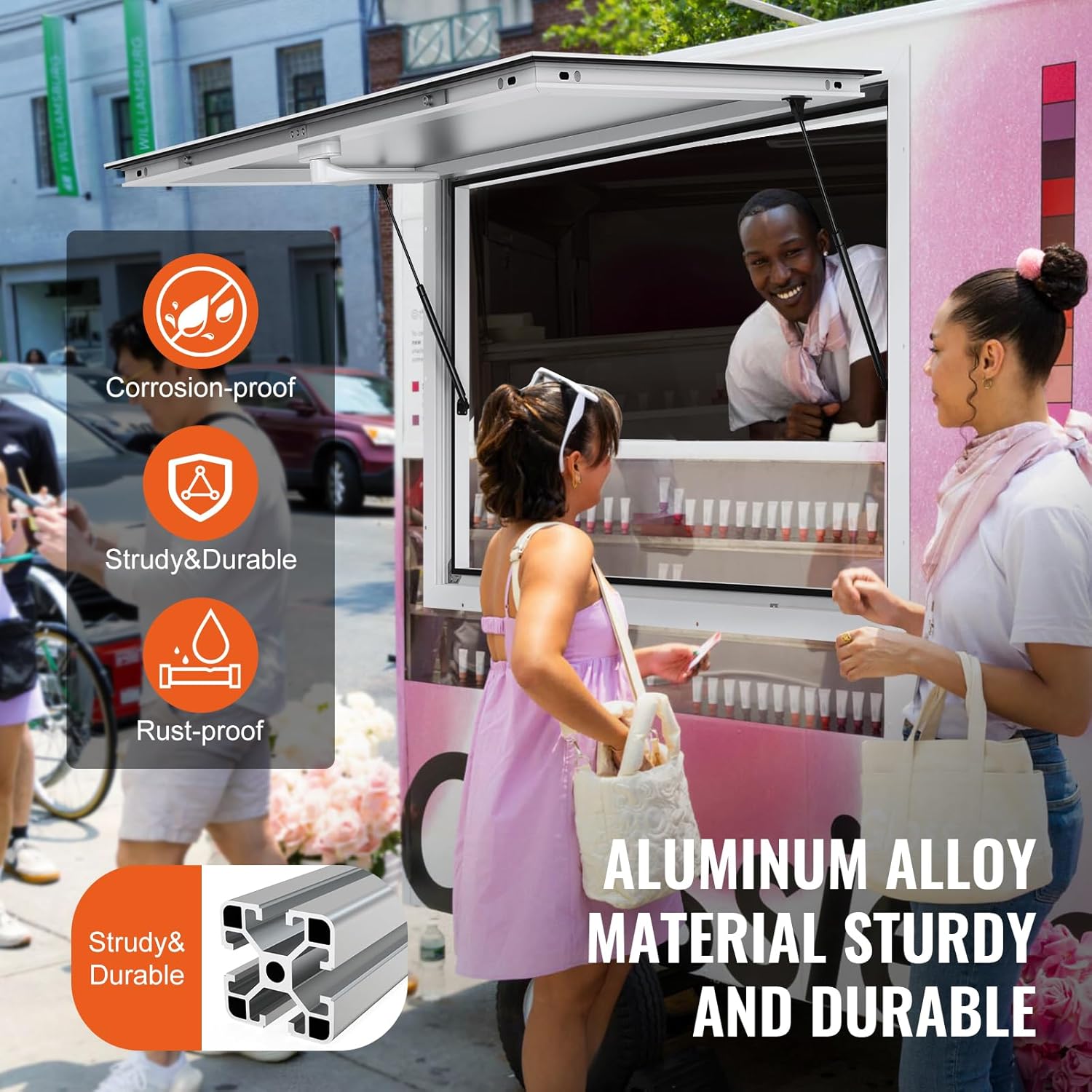 VEVOR Concession Window for Food Truck, 36"x24" Aluminum Alloy Food Truck Service Windows, Up to 85 Degrees Stand Serving Window with Awning Door & Drag Hook, for Food Trucks Concession Trailers