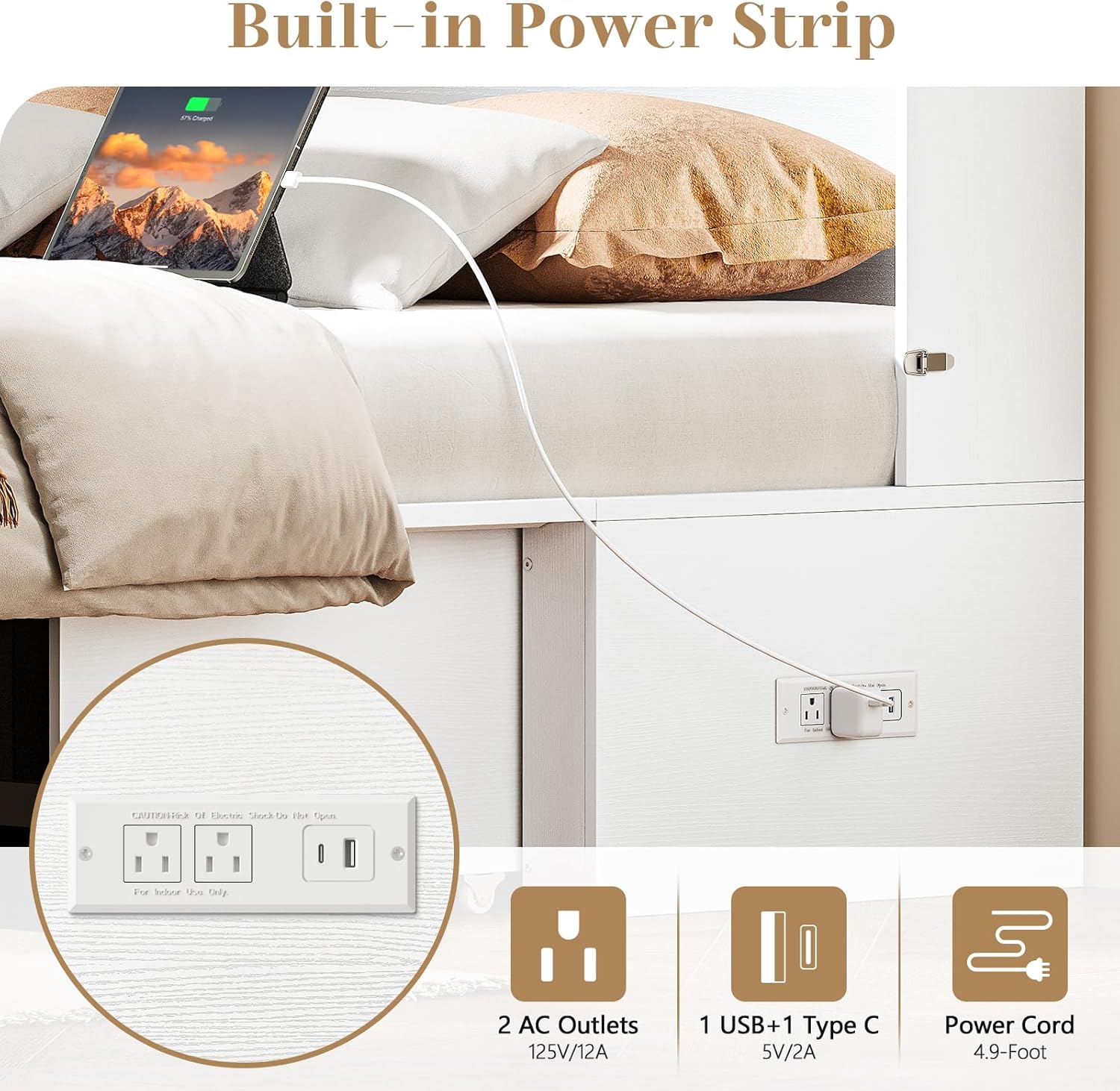 Yoobure Queen Murphy Bed with Charging Station - Modern Queen Bed Frame with Storage, Foldable Platform Cabinet Beds with Drawer, Wood Hideway Bedframe for Guest & Living Room, Bedroom, Office, White