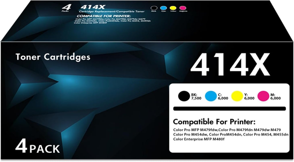 414X Toner Cartridges 4 Pack High Yield Compatible 414X Work for Color Pro MFP M479fdw M479fdn M454dw M454dn M454 M479 Printer Ink with Chip (Black Cyan Yellow Magenta)