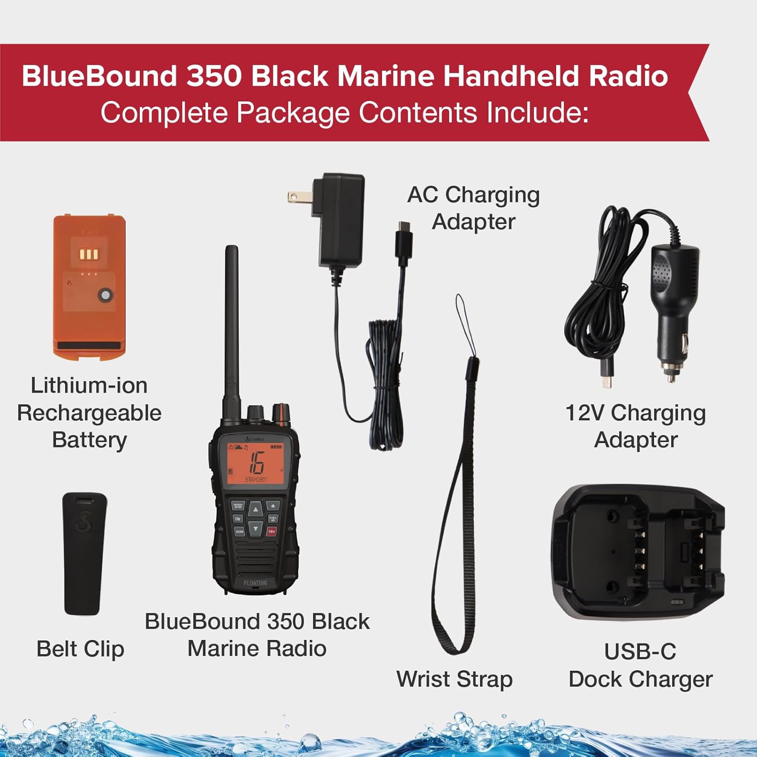 Cobra BlueBound 350 VHF Handheld Marine Radio – Black – 6-Watt, Floating, Long Range, NOAA Weather Alerts, International Functionality, IPX7 Waterproof, USB-C, Submersible, LCD Screen, Belt Clip