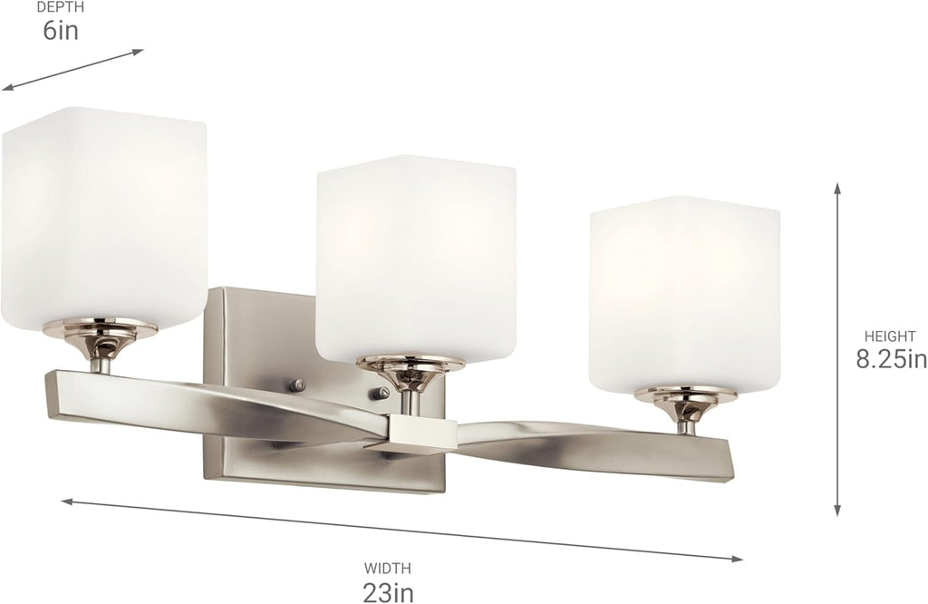 Kichler Marette 22.75" Vanity Light in Brushed Nickel, 3-Light Modern Bathroom Light with Satin Etched Cased Opal Glass, (22.75" W x 8" H), 55002NI