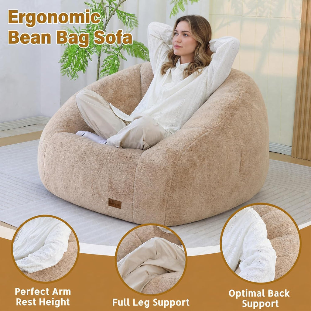 Giant Bean Bag Chair for Adults, Teens and Kids, Cozy Fluffy Corduroy Beanbag Chair with Filler, Large Floor Lounge Sofa for Living Room, Bedroom, Dorm, Gaming and Reading(Khaki)