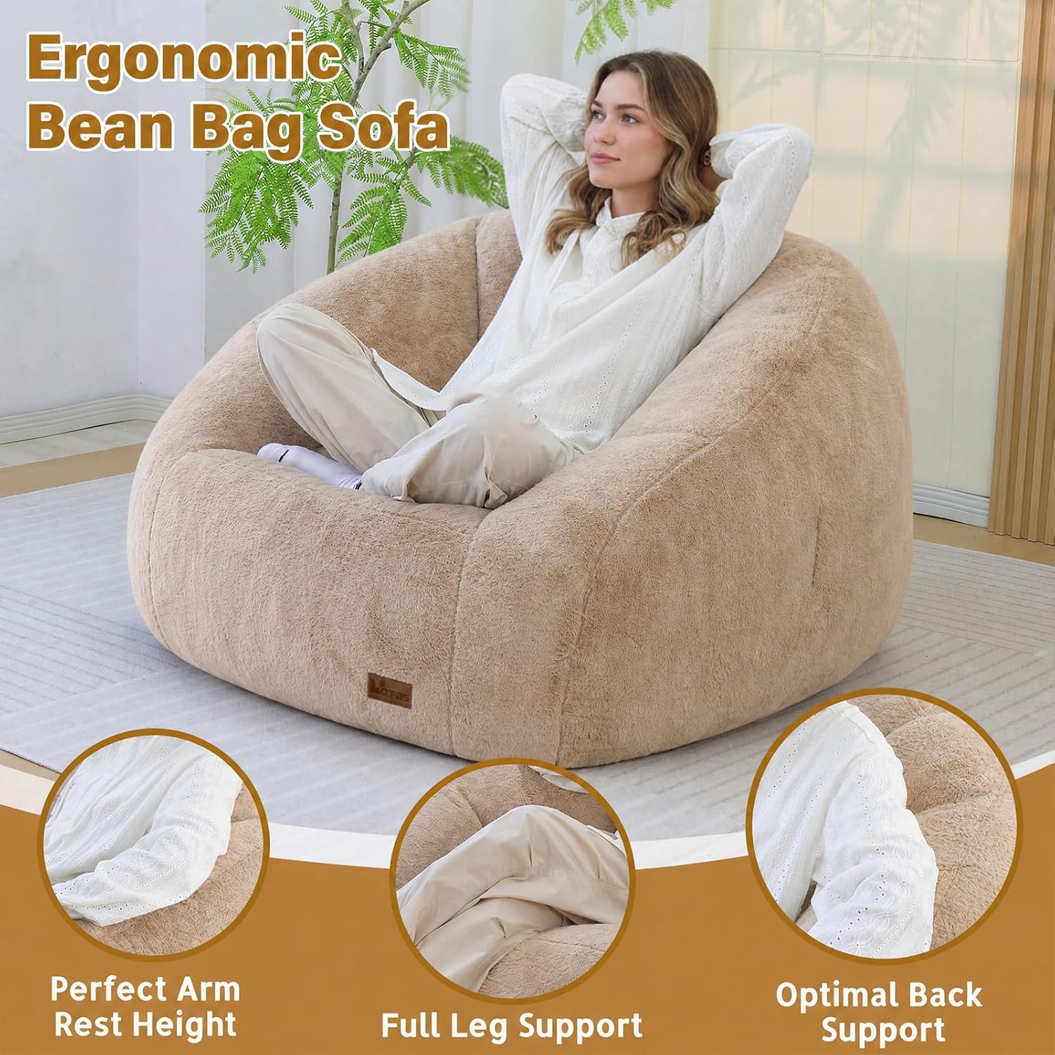 Giant Bean Bag Chair for Adults, Teens and Kids, Cozy Fluffy Corduroy Beanbag Chair with Filler, Large Floor Lounge Sofa for Living Room, Bedroom, Dorm, Gaming and Reading(Khaki)